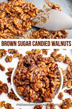 a bowl full of brown sugar candied walnuts next to a white spatula