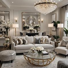 a living room filled with furniture and a chandelier