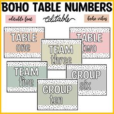 the boho table numbers poster is shown in white and yellow with polka dots on it