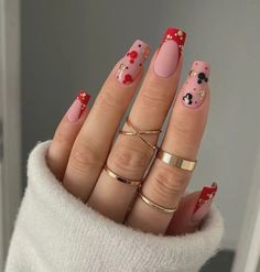 Goth Disney Nails, Disney Valentines Day Nails, Disney Valentines Nails, Nails Mickey Mouse, Pink Nails Spring, Disneyland Nails, Nails Disney, Disney Nail Designs, Mickey Mouse Nails