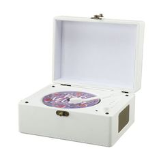 an open white box with a clock inside