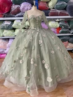 Big Sage Green Quinceanera Dresses, Sage Green Poofy Dress, Lime Green Quinceanera Dress, Sage Green Masquerade Dress, Light Green Poofy Dress, Sage Green Debut Gown, Sage Green Quinceanera Dresses With Sleeves, Sage Green Dress Aesthetic Royal, Stage Green Quince Dress