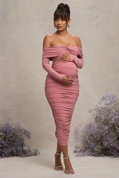 Neva | Blush Bardot Twist Maternity Midi Dress Maternity Elegant Dress, Club L London, Bardot Neckline, Maternity Midi Dress, Black Dress Prom, Baby Shower Dresses, Party Dress Long Sleeve, Shower Dresses, Bridesmaid Outfit