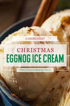 christmas eggnog ice cream in a blue bowl with cinnamon sticks