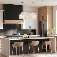 a modern kitchen with black and white tile backsplash, wooden stools, and an island