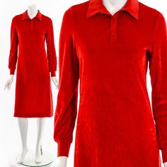 "-Vintage 70's red velvet polo dress -collared neckline with partial button down front -long sleeves -overall stretchy knit Fits like:  small-medium Material:  velour polyester Condition:  good Clipped on Mannequin:  no ✂ SIZE + FIT ✂ Length: 44\" / 112 cm Shoulders, seam to seam: 15\" / 38 cm Sleeve Length: 24\" / 61 cm Bust: 36\" to 40\" / 91 cm to 102 cm Waist: 32\" to 36\" / 81 cm to 91 cm Hips: 38\" to 42\" / 97 cm to 107 cm All measurements are taken with garment lying flat. ALWAYS refer to measurements as vintage sizes run can vary greatly from today's modern sizes. We recommend comparing measurements above with a similar style garment you own for best fit before purchasing.  DRESS FORM / MANNEQUIN is wearing the size detailed above but she typically measures a size 4/6 by modern re Classic Red Polo Collar Top, Red Collared Polo Shirt With Button Closure, Red Dress Peter Pan Collar, Retro Red Button-up Dress, Red Fitted Polo Collar T-shirt, Cotton Voile Dress, Ruffle Collar Blouse, Voile Dress, Best Clips