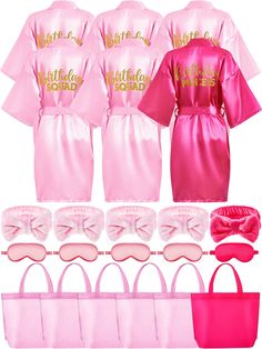 pink satin robes and matching accessories are featured in this image with the words, birthday squad on them