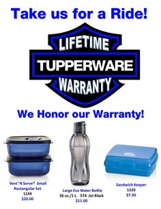 an advertisement for the life time tupperware warrant is shown in blue and white