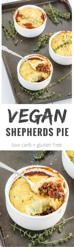 vegan shepherd's pie in white bowls on a baking sheet with text overlay