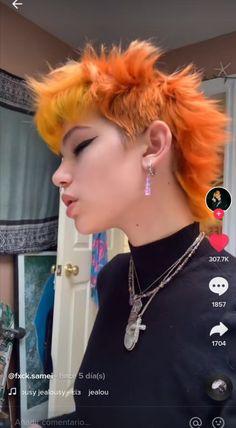 Died Buzzed Hair, Short Deathhawk Mullet, Buzzed Hair Designs, Died Short Hair, Rainbow Mullet, Yellow Mullet, Short Deathhawk, Mullet Dyed Hair, Orange Mullet