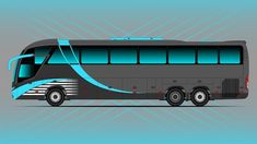 a black and blue bus is shown on a gray background with diagonal lines behind it