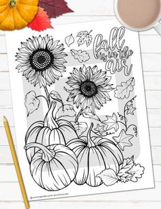 a coloring page with sunflowers and pumpkins on the table next to a cup of coffee