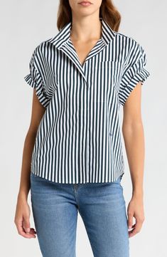 Bold stripes bring classic appeal to a short-sleeve button-up shirt cut in a slouchy silhouette with a curved high-low hem. 27" length (size Small) Hidden-button placket Spread collar Short sleeves Chest patch pocket 100% organic cotton Machine wash, dry flat Imported Short Sleeve Shirt Outfit, Sleeve Shirt Outfit, Striped Short Sleeve Shirt, Bold Stripes, Short Sleeve Button Up, Sleeves (women), Cut Shirts, Navy Stripes, High Low Hem