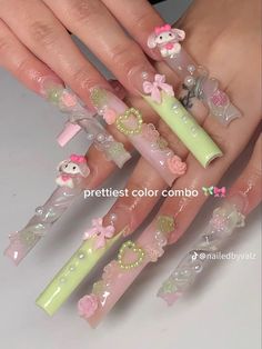 Kawaii Long Acrylic Nails With Charms, Junk Set Nails, Prymrr Nails, Nail Ideas Girly, Cute Pink And Green Nails, Long Charm Nails, Kawaii Acrylics, Green Junk Nails, Green And Pink Acrylic Nails