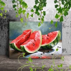 a painting of watermelon slices on a table with green plants in the background