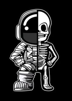 a skeleton in an astronaut suit holding a chess board