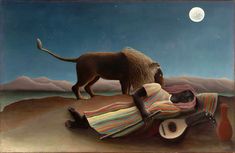 a painting of a man laying on top of a bed next to a monkey holding a guitar