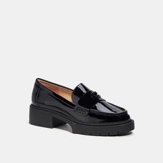 COACH® | Leah Loafer Black Loafers, Signature Hardware, 90s Inspired, Pin Up Style, Mirror Mirror, Lug Sole, Metallic Leather, Loafers For Women, Timeless Style