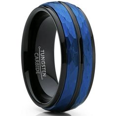 men's black and blue wedding band with carbon fiber inlay