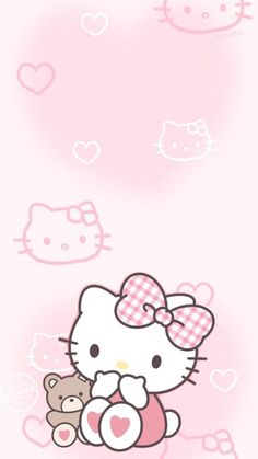 the hello kitty wallpaper is pink and has hearts on it, as well as a teddy