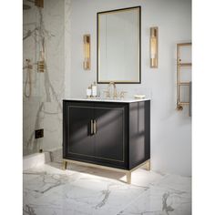 a bathroom with marble flooring and walls, including a black vanity sink and gold framed mirror