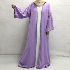 Samira Satin Diamond Embellished Maxi Abaya Set (2 Piece Set) Purple Floor-length Abaya, Satin Floor-length Abaya For Eid, Elegant Purple Maxi-length Abaya, Purple Long Sleeve Wedding Abaya, Satin Abaya For Wedding And Eid, Elegant Long Purple Abaya, Long Satin Kaftan For Eid, Elegant Long Purple Kaftan, Eid Outfits Ideas