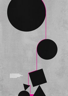 an abstract painting with black and pink shapes on grey paper, including two circles that are connected to one another