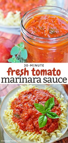 fresh tomato marinara sauce in a mason jar with pasta and basil on the side