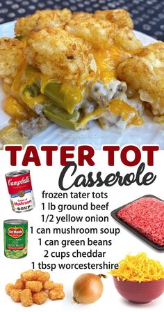 tater tot casserole recipe on a white plate with text overlay