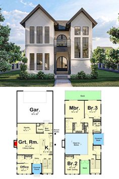 two story house plans with garage and living room in the front, one bedroom on the second