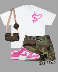 Camouflage Shorts Outfit Black Women, Bunch Outfits Black Women, Summer Swag Outfits Women, Cute Birthday Outfits For School, Pink Dunks Outfit Black Women, Pink Summer T-shirt For Streetwear, Pink Summer Streetwear Shirt, Shien Outfit Idea For Summer, Gradbash Outfit Ideas