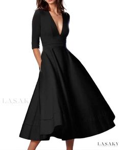 Lasaky - Elegant V-Neck Long Sleeve Maxi Dress: Unveiling Timeless Charisma Haute Fashion, Plus Size Cocktail Dresses, Plus Size Party Dresses, Women's Outfits, Tadashi Shoji, Solid Color Dress, Midi Dress Party, Vestidos Vintage, Chic Dresses