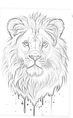 a black and white drawing of a lion's face with dripping paint on it