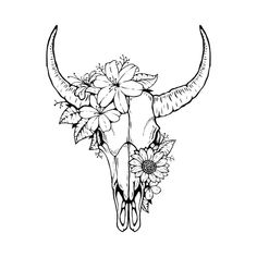 a bull's skull with flowers and leaves on its head, drawn in black ink