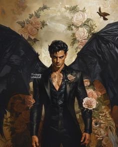 a painting of a man wearing a black suit with wings on his chest and roses in the background