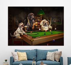 three dogs playing pool together on a bill table in a living room with a blue couch