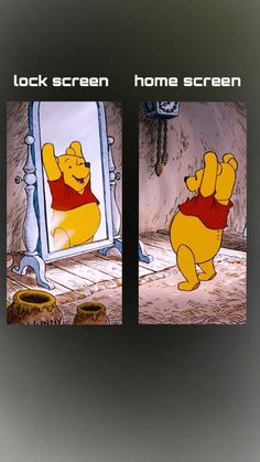 the cartoon winnie the pooh is looking at himself in the mirror and seeing his own reflection