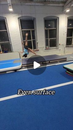 a person jumping on a trampoline in an indoor area with text overlay that reads even surface