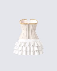 Get ready for a day full of being the center of attention 😌 Pairing an ivory canvas lace up corset top with a ivory ruffle mini skirt, this two-piece fit will have all eyes following your every move 🤍 Summer Wedding Mini Dress, Elegant Underbust Corset With Ruffles, Feminine Ruffled Corset For Summer, White Feminine Corset Dress With Boned Bodice, White Feminine Corset With Fitted Bodice, Feminine Overbust Corset With Ruffles, Elegant Overbust Corset With Ruffles, White Feminine Corset, White Mini Length Corset With Corset Back