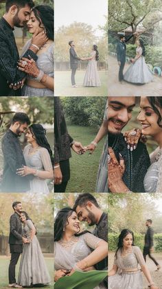 a collage of people posing for pictures in their wedding outfits and holding hands with each other