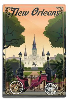 a horse drawn carriage is parked in front of a gate with the words new orleans on it