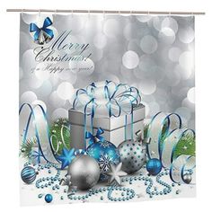 a merry christmas shower curtain with presents and baubles