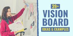 a woman is holding up her hand in front of a board with the words vision board ideas for your important goals