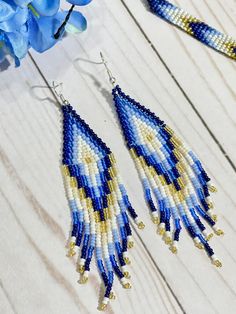 Blue Bohemian Beaded Fringe Tassel Earrings, Colorful Beaded Teardrop Earrings For Beach, Beaded Drop Earrings With Tassels For The Beach, Beaded Tassel Drop Earrings For Beach, Teardrop Earrings With Colorful Beads For Beach, Teardrop Beach Earrings With Colorful Beads, Blue Fringe Beaded Drop Earrings, Bohemian Beaded Earrings With Tassels For Beach, Blue Fringed Beaded Drop Earrings