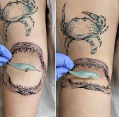 two pictures of a woman's legs with tattoos on them, one is being applied to