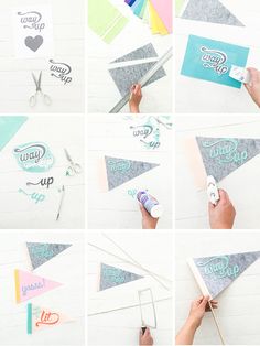 the instructions for how to make diy pennants with paper and scissors are shown