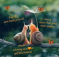 two snails sitting on top of a tree branch next to each other with words written below them