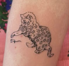 a tattoo on the leg of a person with a dog and stars in its body