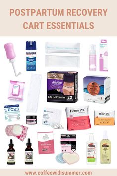 the contents of a postpartum recovery cart essentials kit with text overlay