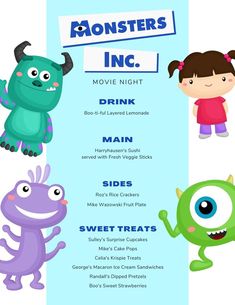 the monsters movie night menu is shown